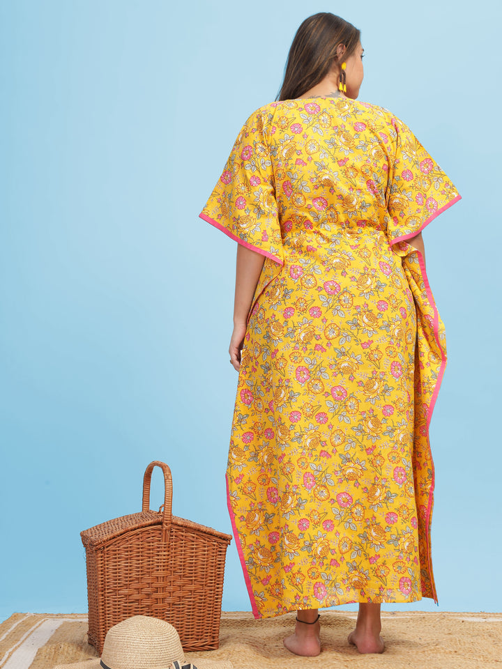 Premium Yellow Designer V Neck Kaftan Dress