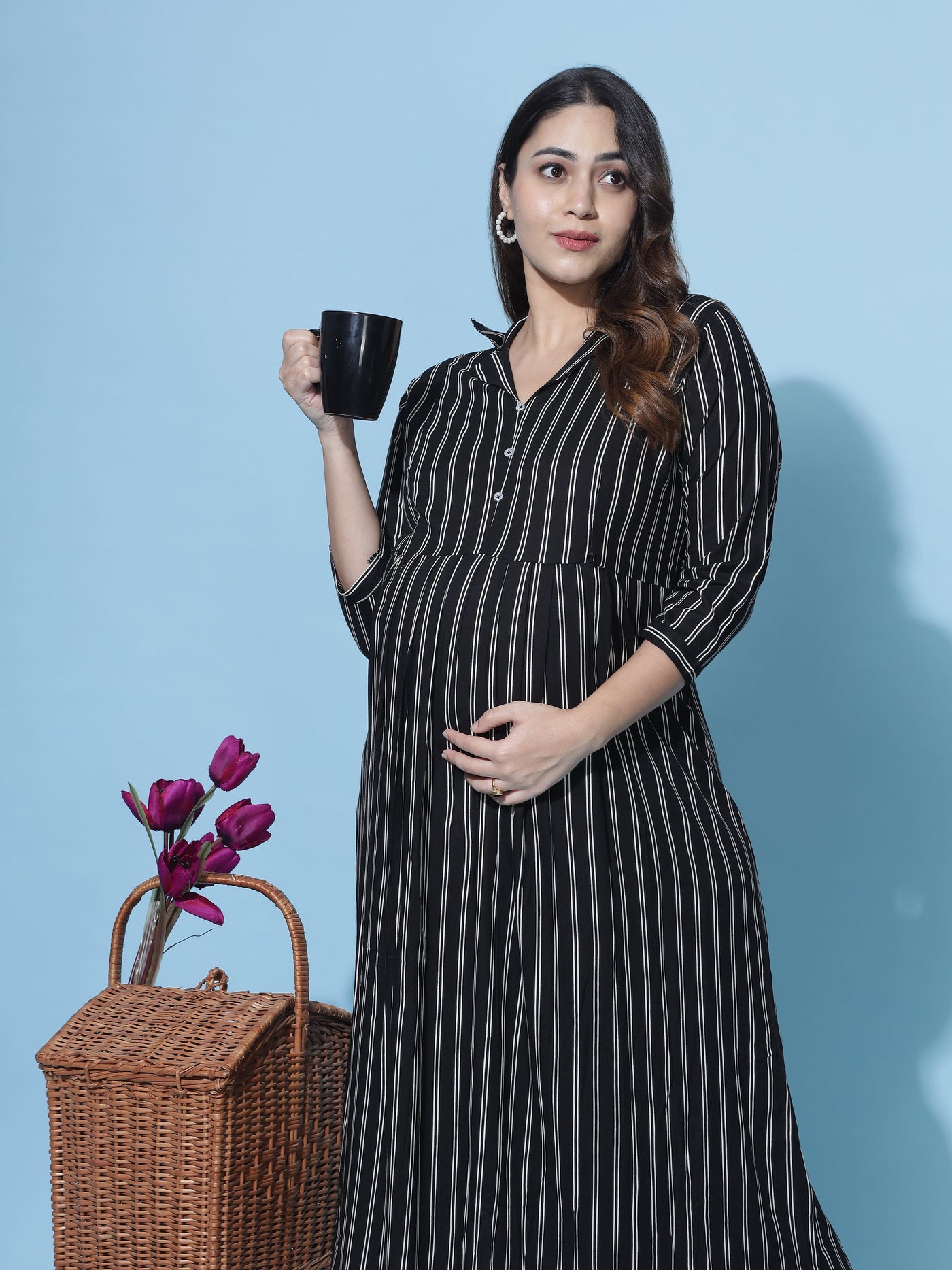Rayon Maternity Feeding Dress White & Black