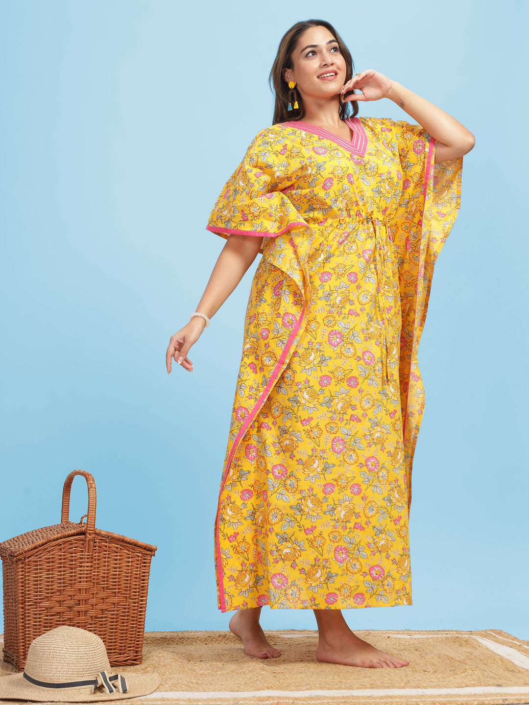 Premium Yellow Designer V Neck Kaftan Dress