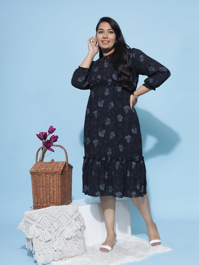 Polyester Floral Printed Dress Black