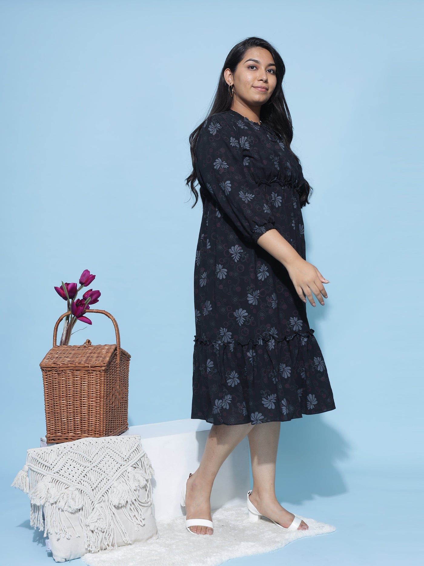 Polyester Floral Printed Dress Black