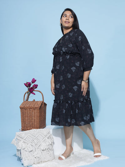 Polyester Floral Printed Dress Black