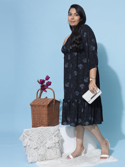 Polyester Floral Printed Dress Black