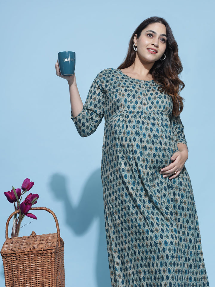Rayon Maternity Feeding Dress Bottle Green - 9shines label