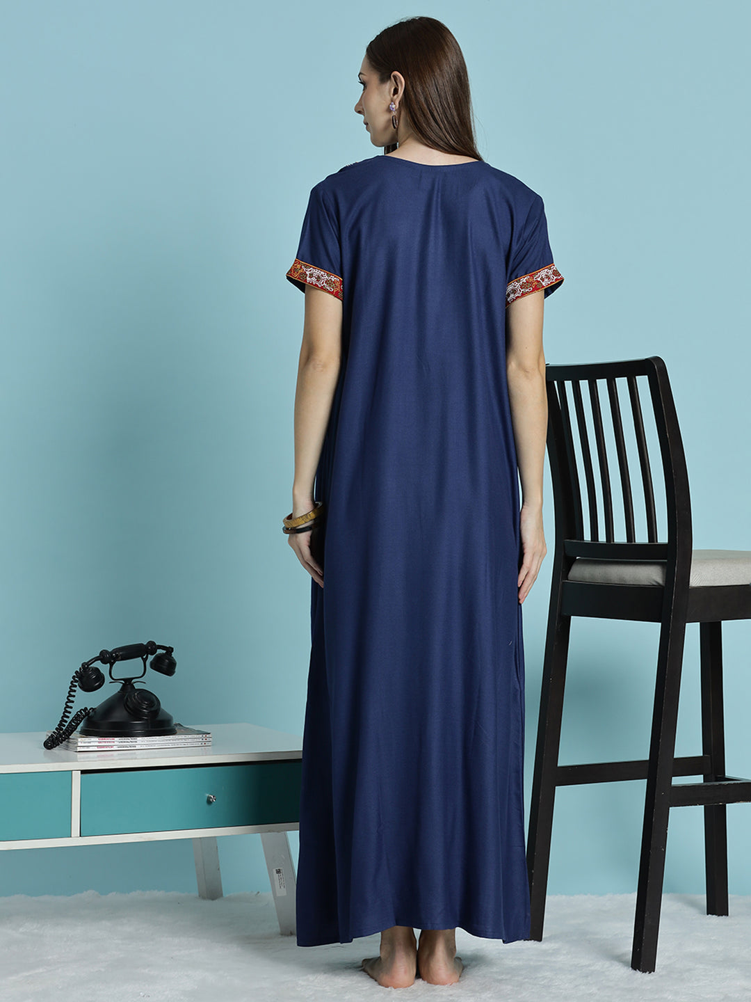 Raatrani Heritage Blue Alpine Embroidered A Line Nighty for Women