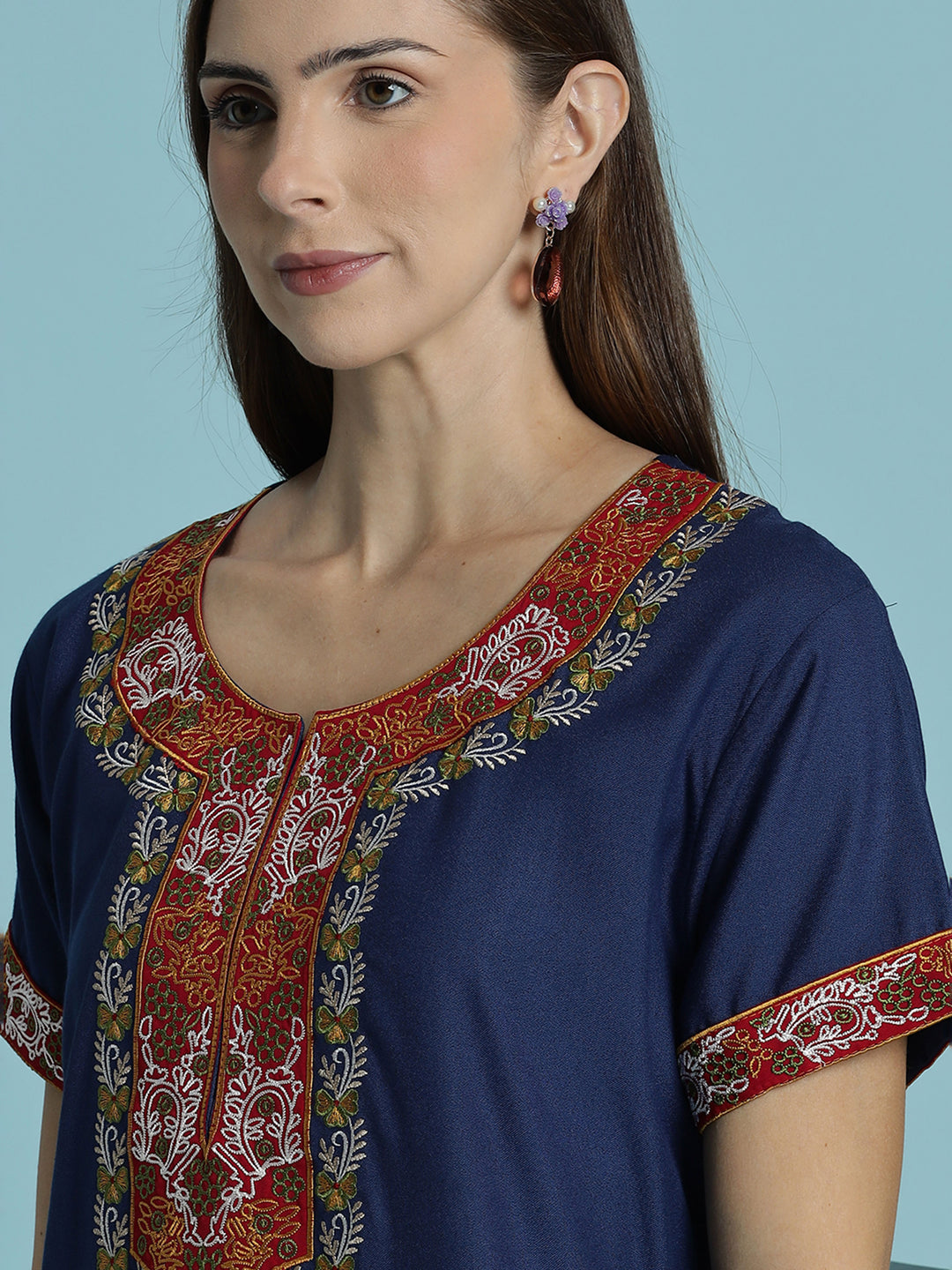 Raatrani Heritage Blue Alpine Embroidered A Line Nighty for Women
