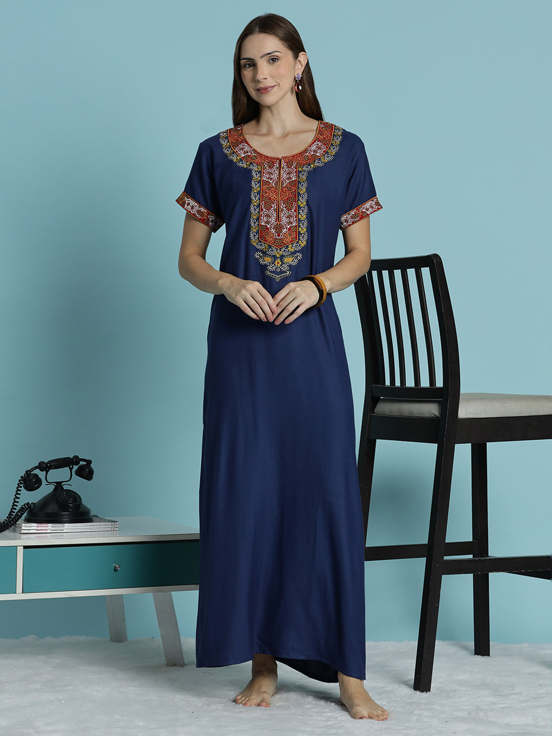 Raatrani Heritage Blue Alpine Embroidered A Line Nighty for Women