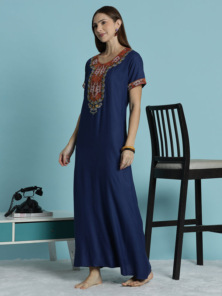 Raatrani Heritage Blue Alpine Embroidered A Line Nighty for Women