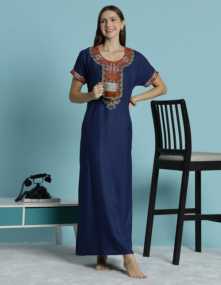 Raatrani Heritage Blue Alpine Embroidered A Line Nighty for Women