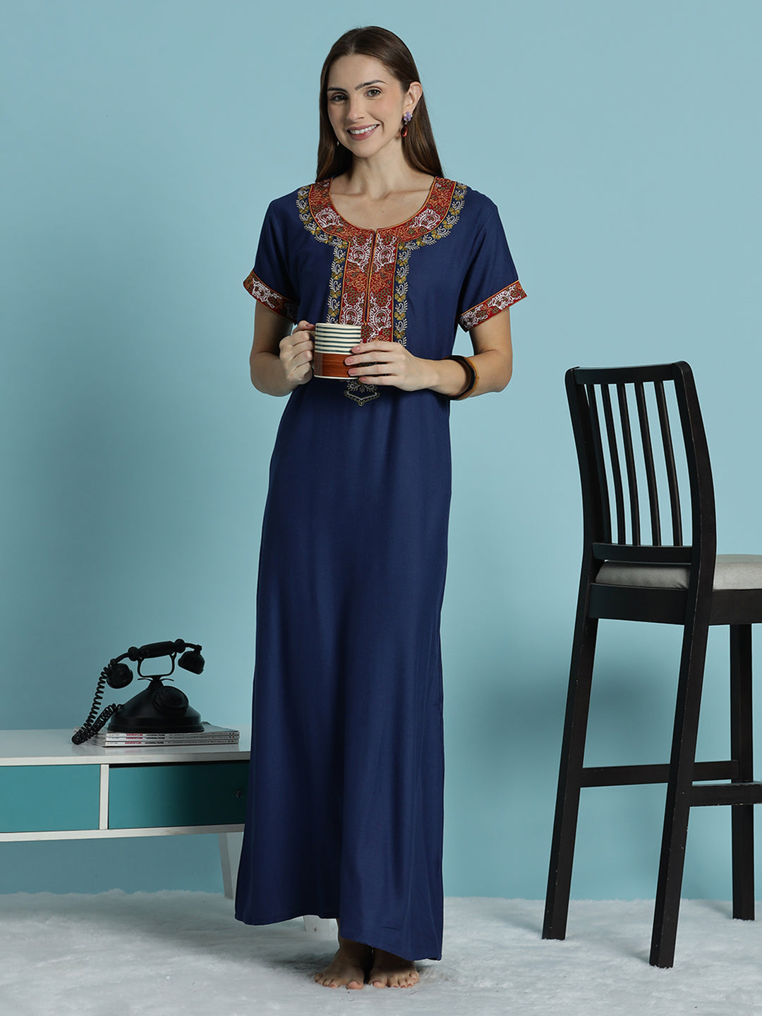 Raatrani Heritage Blue Alpine Embroidered A Line Nighty for Women
