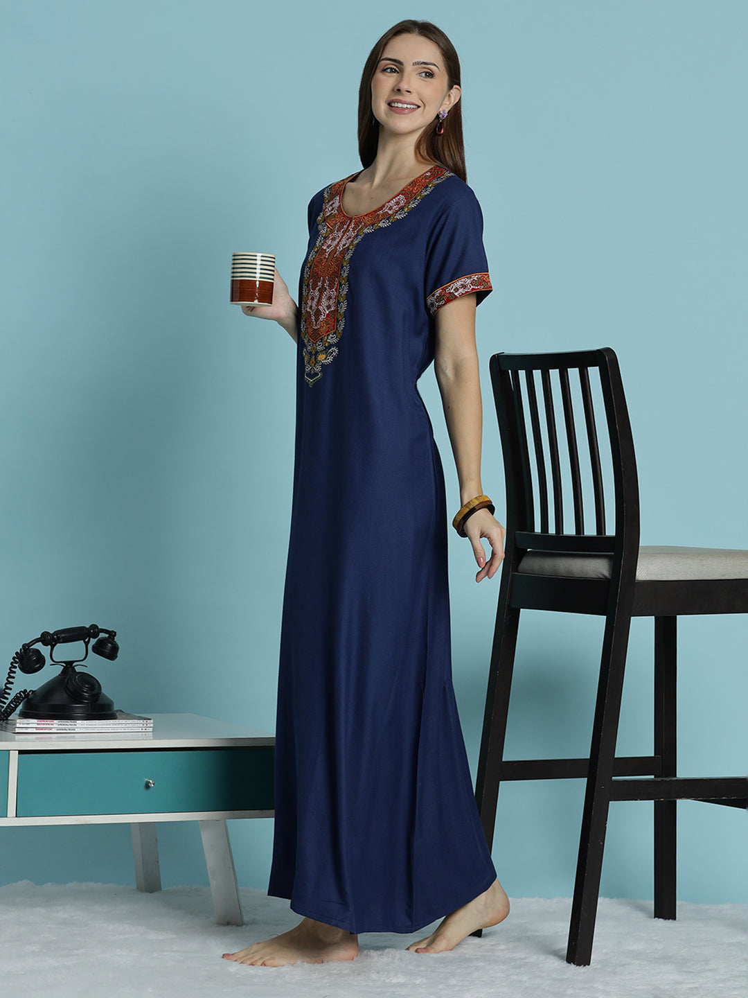 Raatrani Heritage Blue Alpine Embroidered A Line Nighty for Women