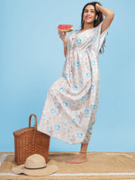 Beige and Blue Poly Viscose Kaftan Nighty: Stylish Loungewear