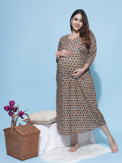 Rayon Maternity Feeding Dress Brown