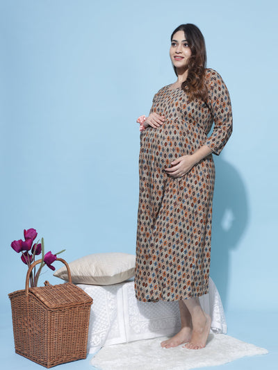 Rayon Maternity Feeding Dress Brown