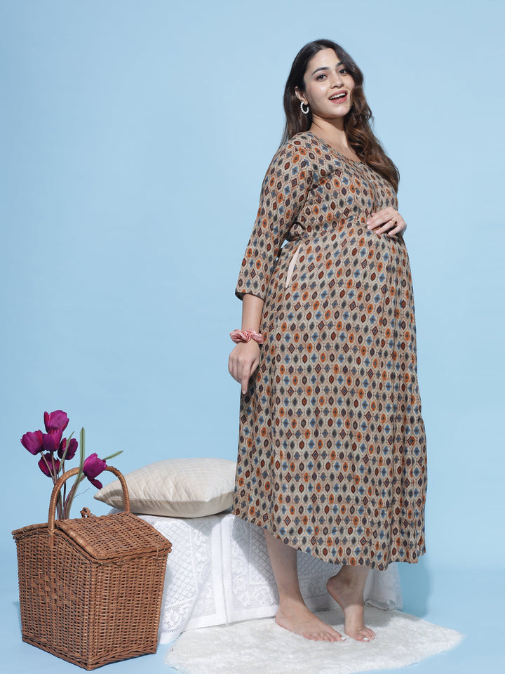Rayon Maternity Feeding Dress Brown - 9shines label