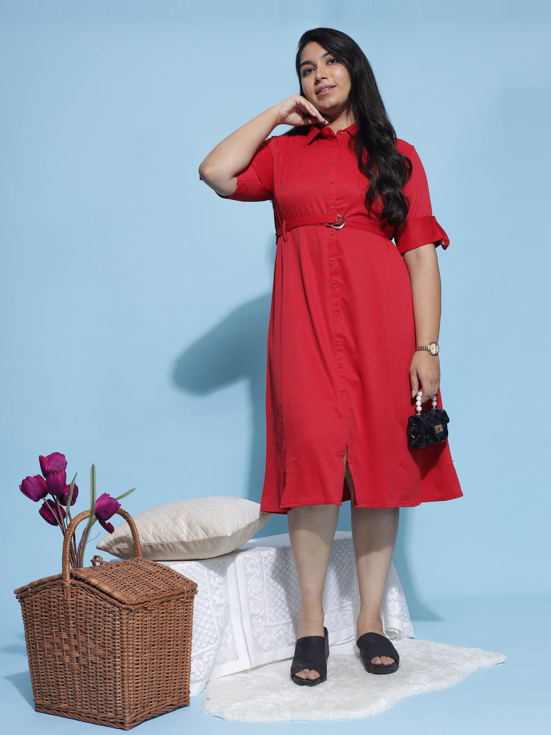 Polyester Collared Neck Dress Red - 9shines label