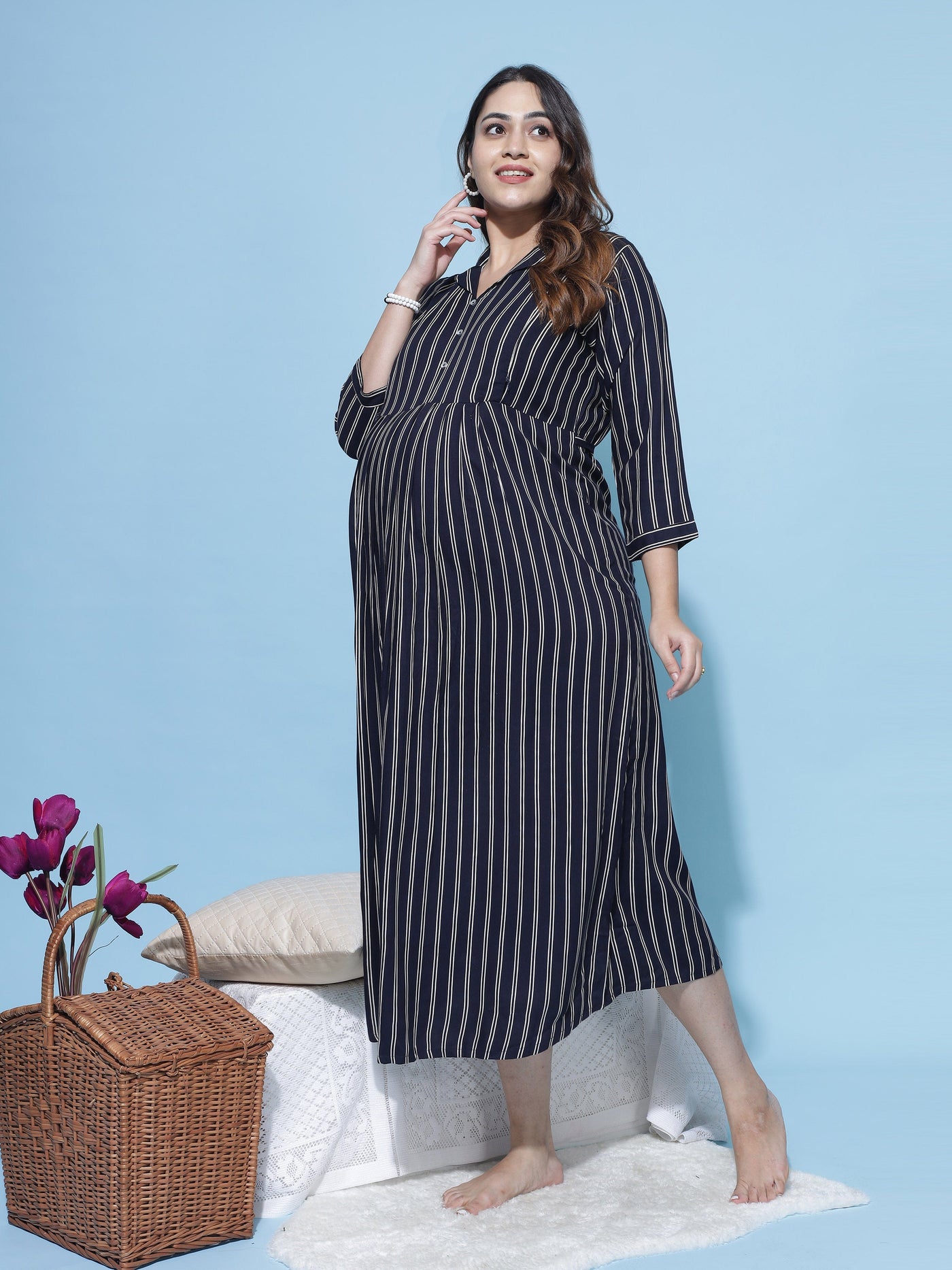 Rayon Maternity Feeding Dress White & Blue