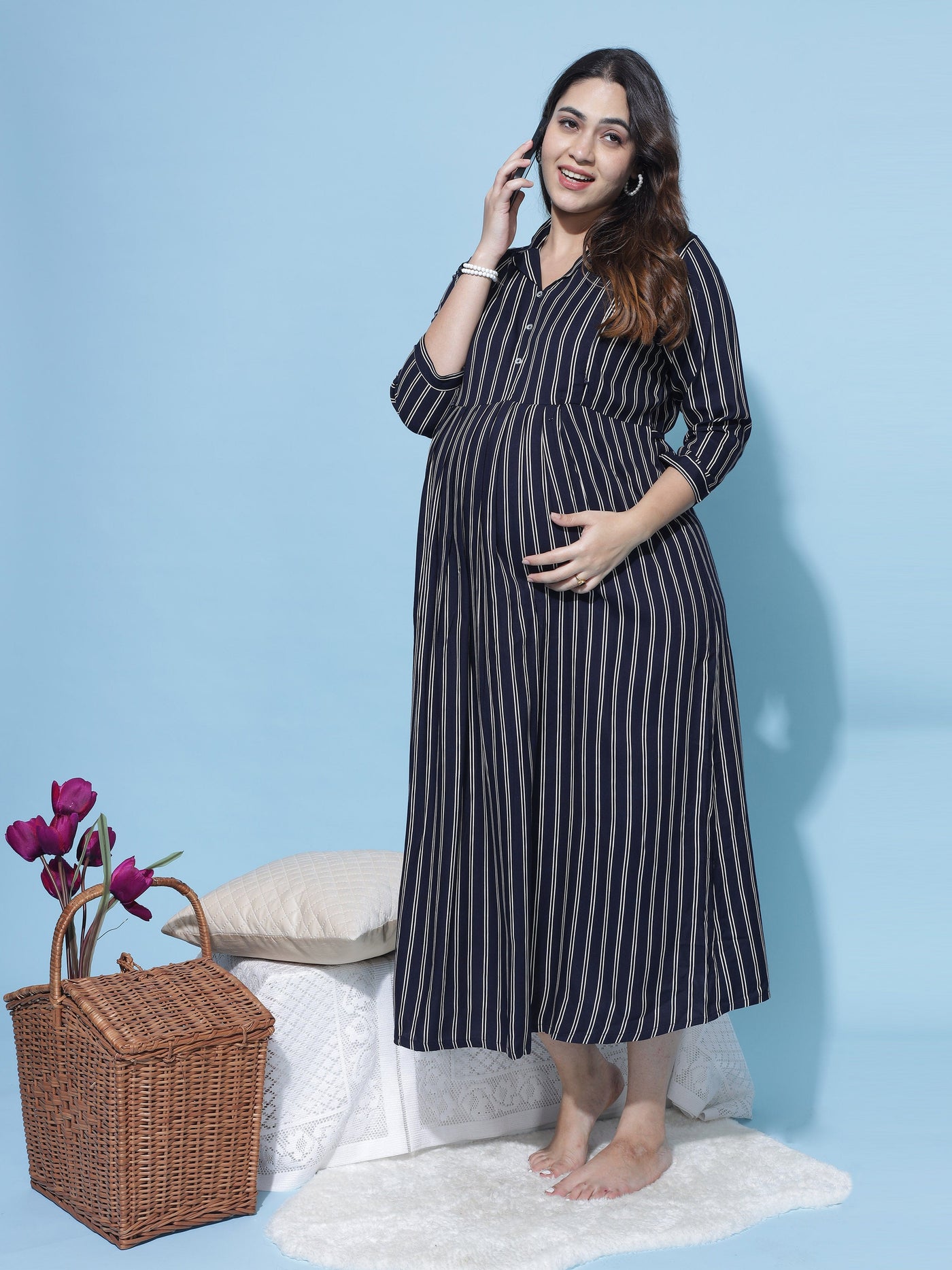 Rayon Maternity Feeding Dress White & Blue