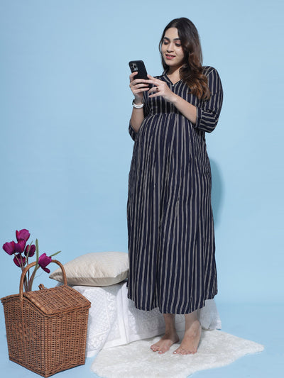 Rayon Maternity Feeding Dress White & Blue