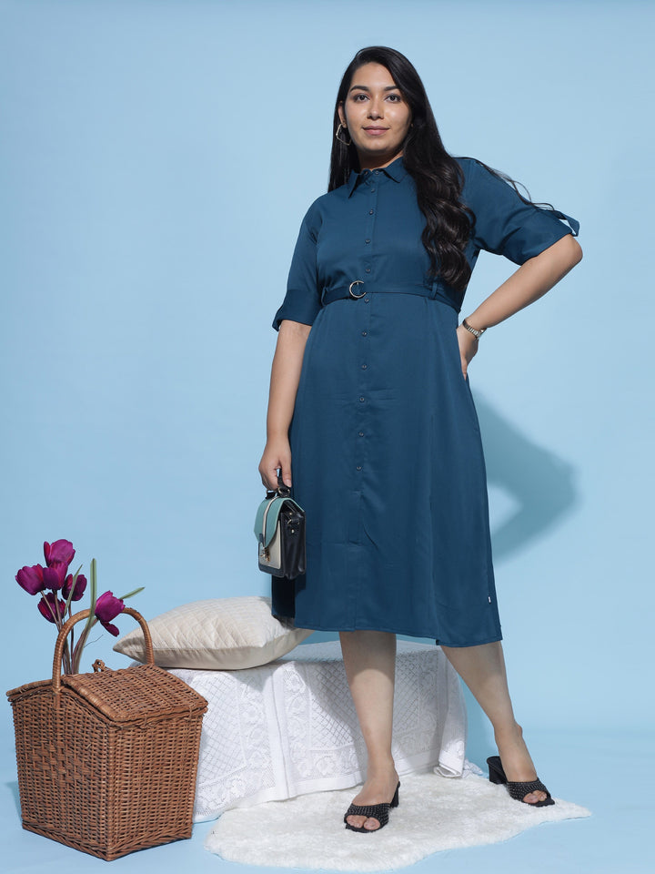 Polyester Collared Neck Dress Steel Blue - 9shines label