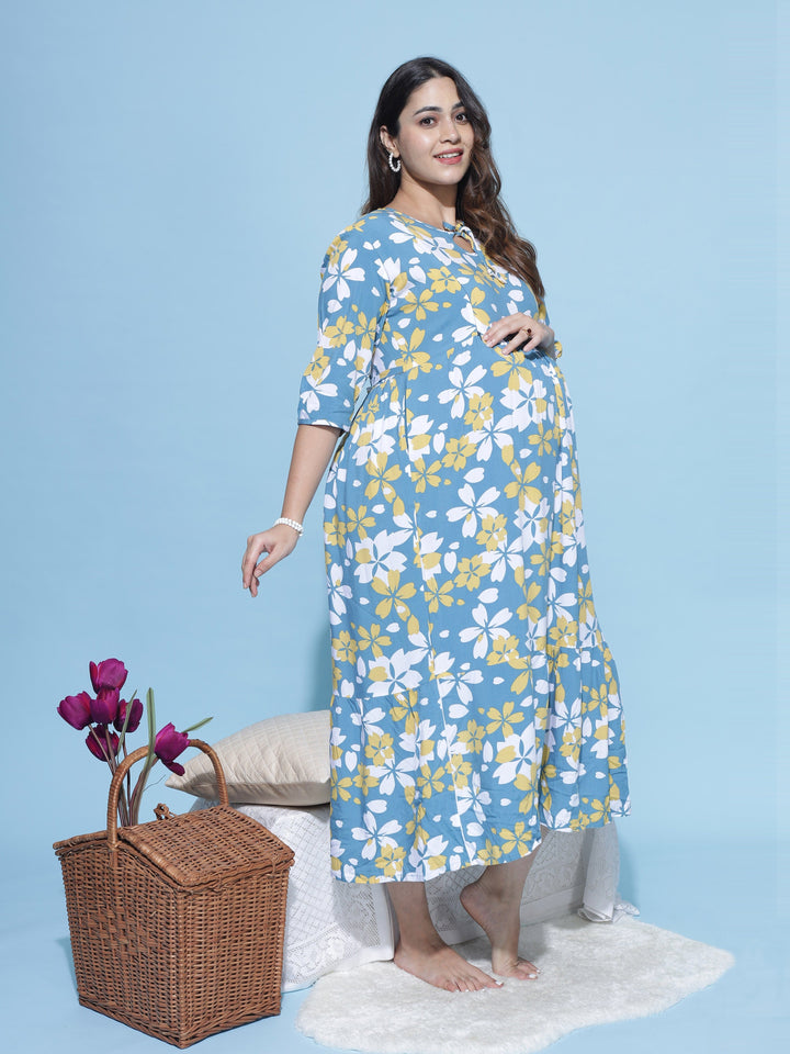 Rayon Maternity Feeding Dress Blue - 9shines label