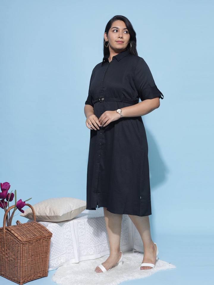 Polyester Collared Neck Dress Charcoal Black - 9shines label