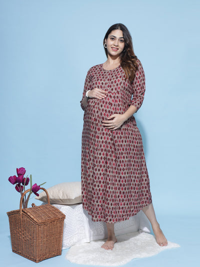 Rayon Maternity Feeding Dress Maroon