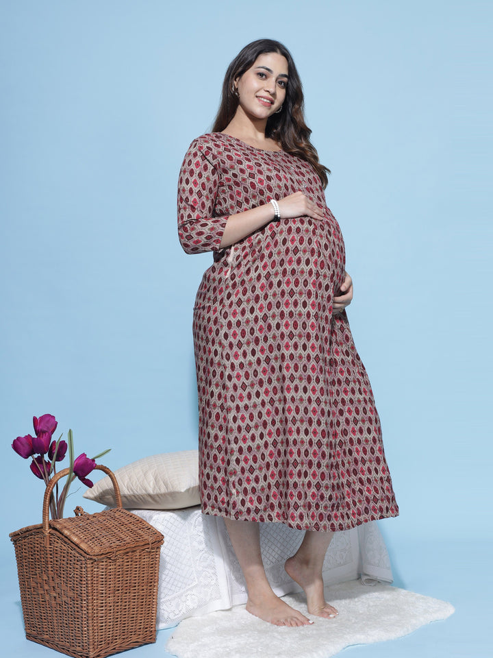 Rayon Maternity Feeding Dress Maroon - 9shines label