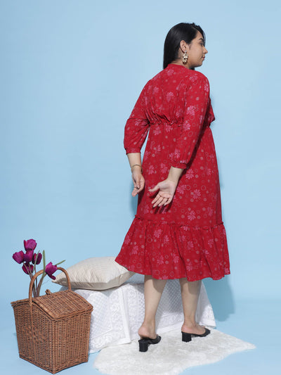 Polyester Floral Printed Dress Red