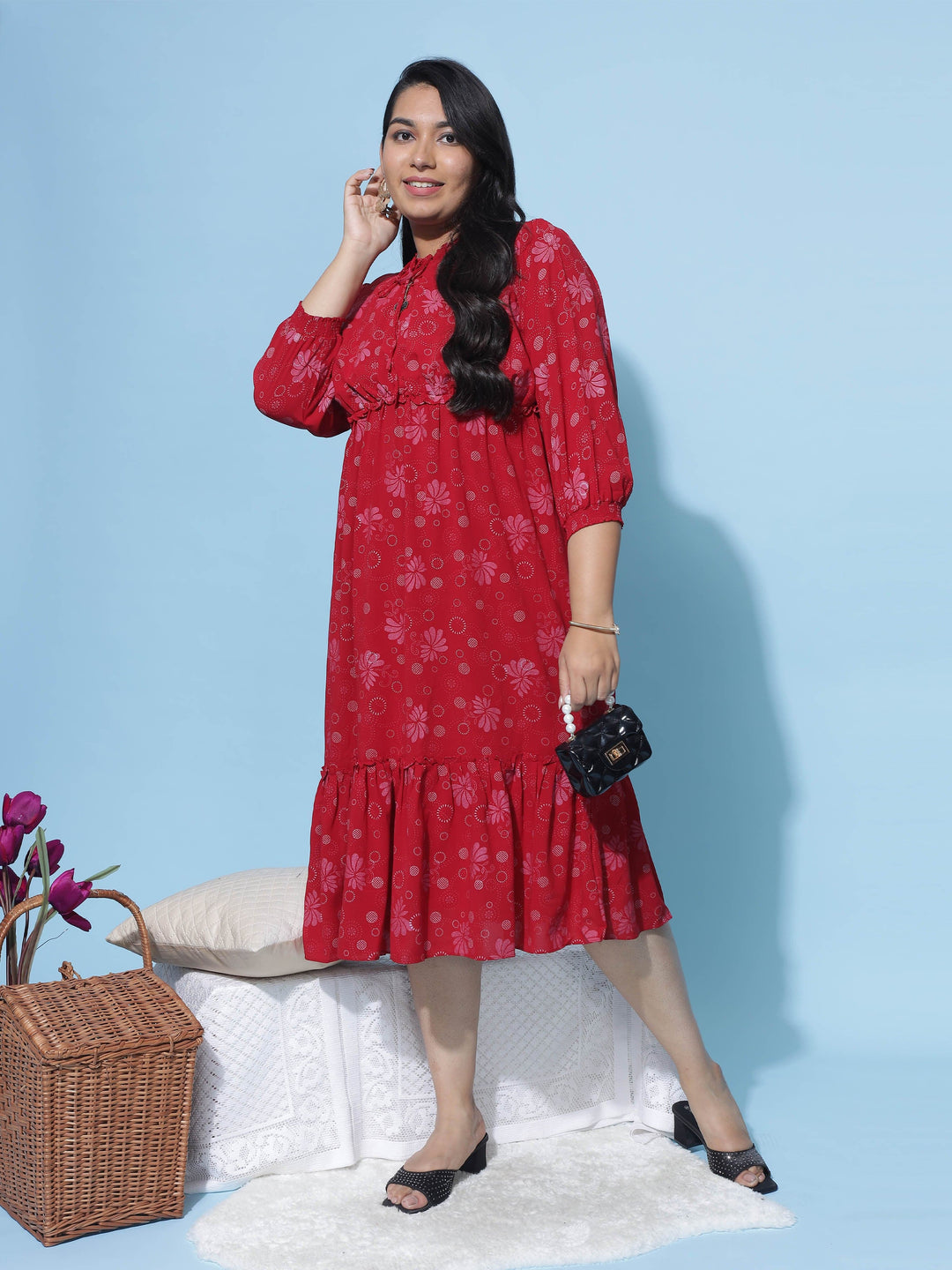 Polyester Floral Printed Dress Red - 9shines label