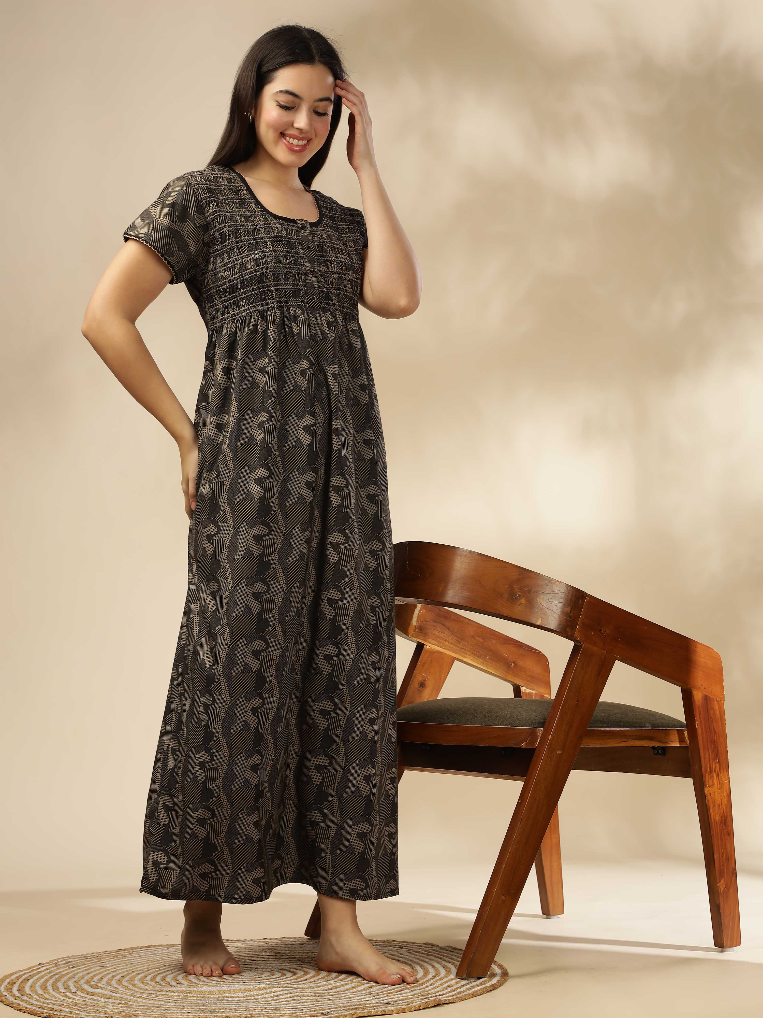 Buy Stylish Black Smokey Floral Maxi Nighty for Women Online