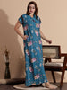 Teal Blue Rayon Floral Print Nightdress with Cap Sleeves