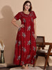 Graceful Red Floral Embroidered Rayon Nighty for Women
