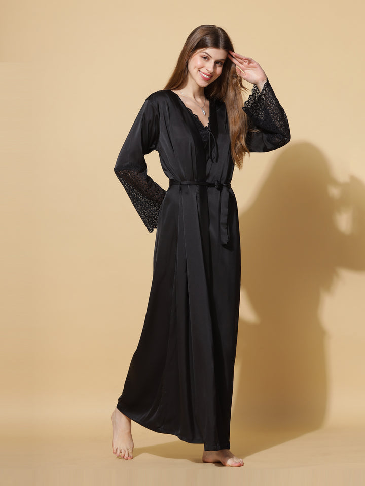 Shop Black Bridal Nighty Dress With Long Robe Gown Online Satin / XL/46 Shop Black Bridal Nighty Dress With Long Robe Gown Online Satin / XL/46