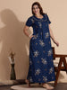 Elegant Dark Blue Floral Embroidered Rayon Nighty for Women