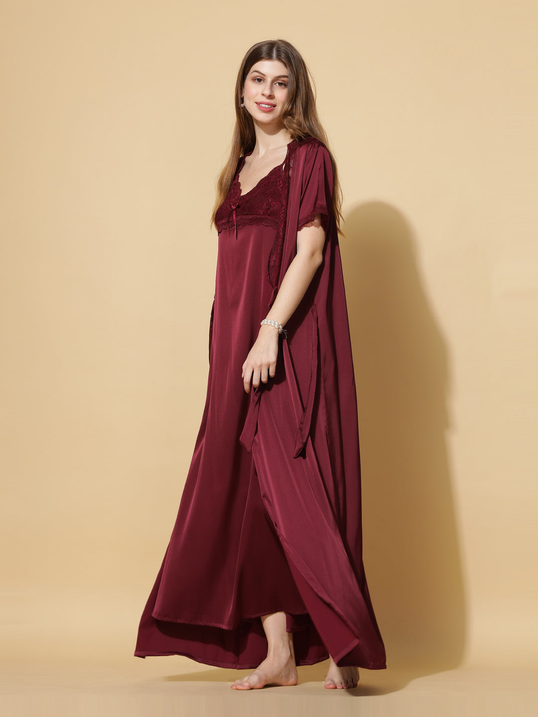  Long Robe Long Gown  Chic Maroon Magic: Elevate your Honeymoon with New Long Robe- 9shines label 