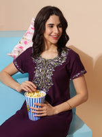 Raatrani Purple Alpine Nighty - Stunning Embroidered Design for All Seasons