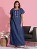 Soft Dark Denim Nighty with Paisley Embroidery and Relaxed Fit