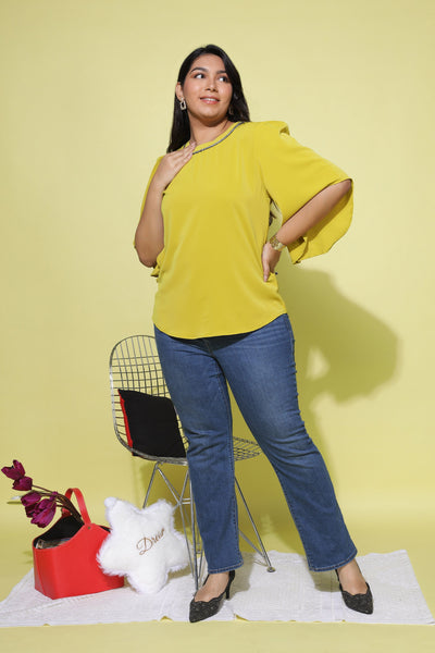 Viscose Blend Top Round Neck With Zip Mustard Yellow
