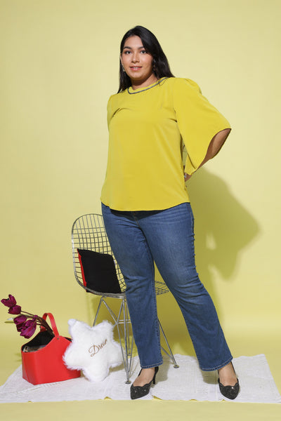 Viscose Blend Top Round Neck With Zip Mustard Yellow