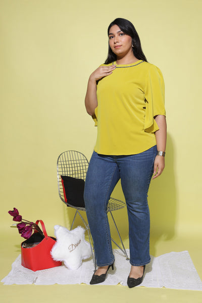 Viscose Blend Top Round Neck With Zip Mustard Yellow