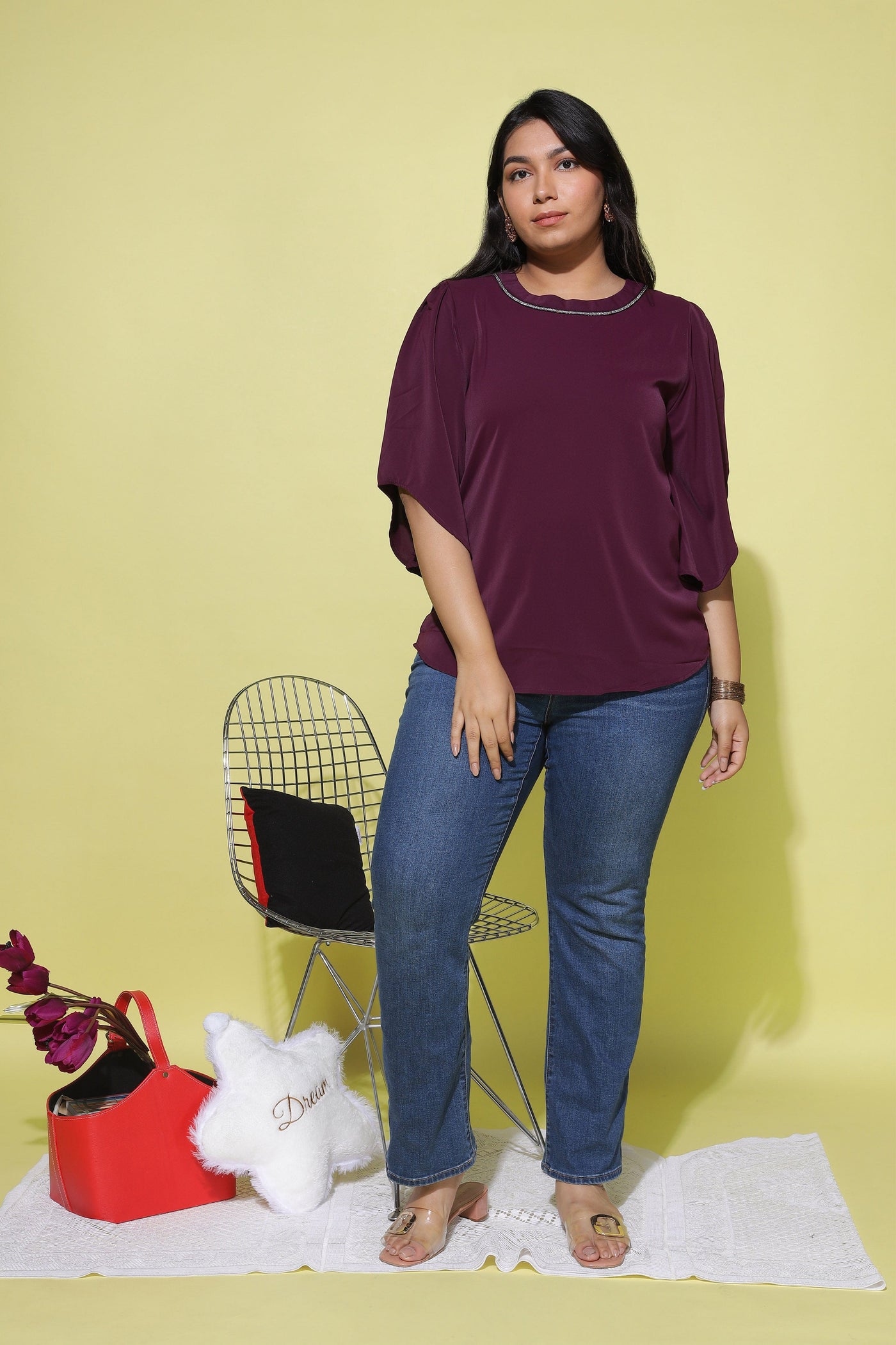 Viscose Blend Top Round Neck With Zip Mustard Wine