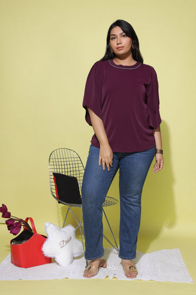Viscose Blend Top Round Neck With Zip Mustard Wine