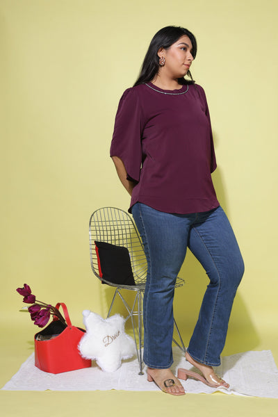 Viscose Blend Top Round Neck With Zip Mustard Wine