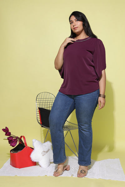 Viscose Blend Top Round Neck With Zip Mustard Wine