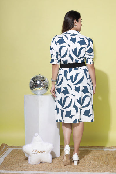 Cotton Linen Collared Neck Dress Blue