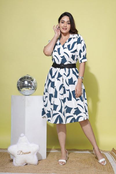 Cotton Linen Collared Neck Dress Blue
