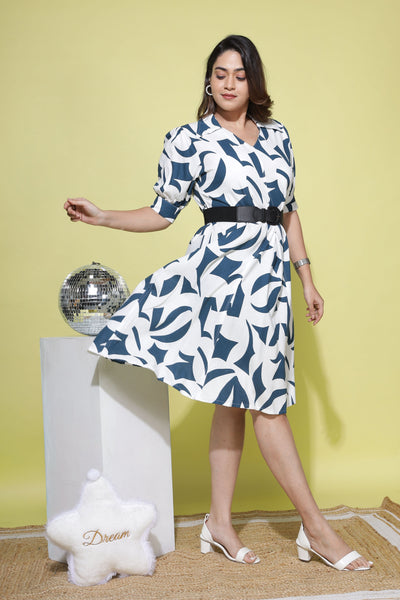 Cotton Linen Collared Neck Dress Blue