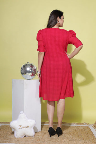 Polyester Floral Round neck Dress Dark Pink