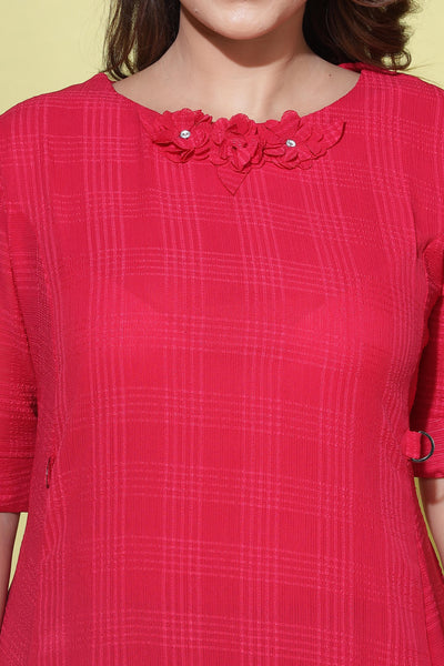 Polyester Floral Round neck Dress Dark Pink